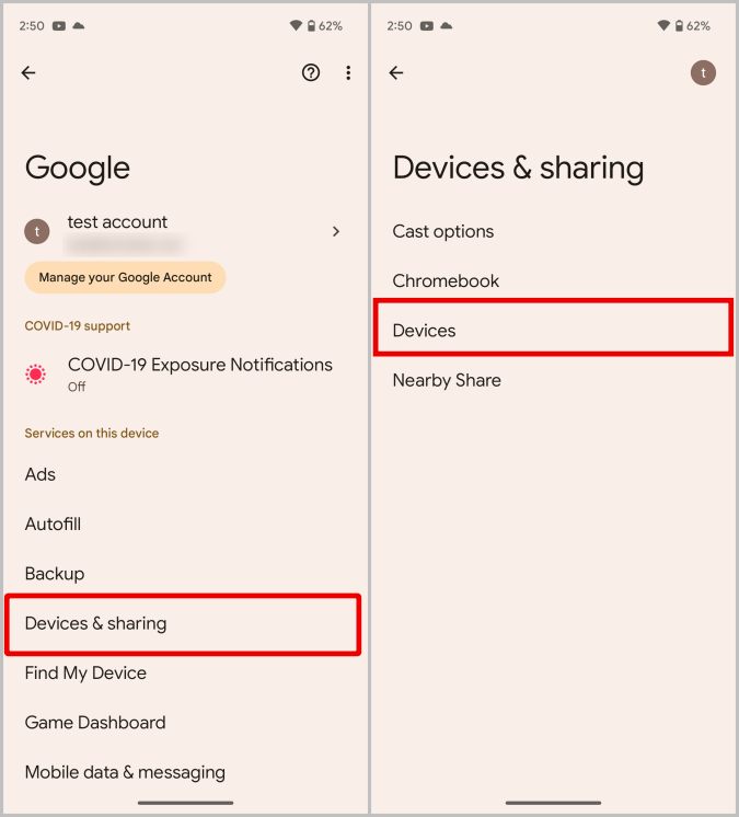 Opción de dispositivos en la configuración de Android