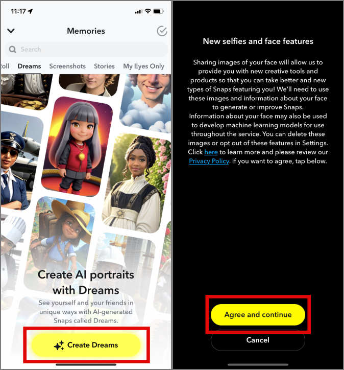 Aceptar crear sueños Forma tu cara en Snapchat