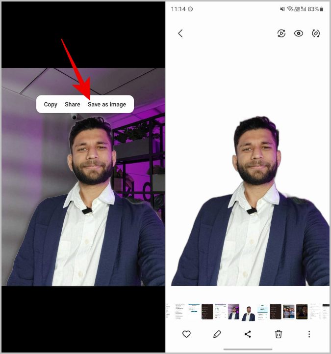 Guardar el sujeto como nueva imagen sin fondo en la aplicación Samsung Gallery