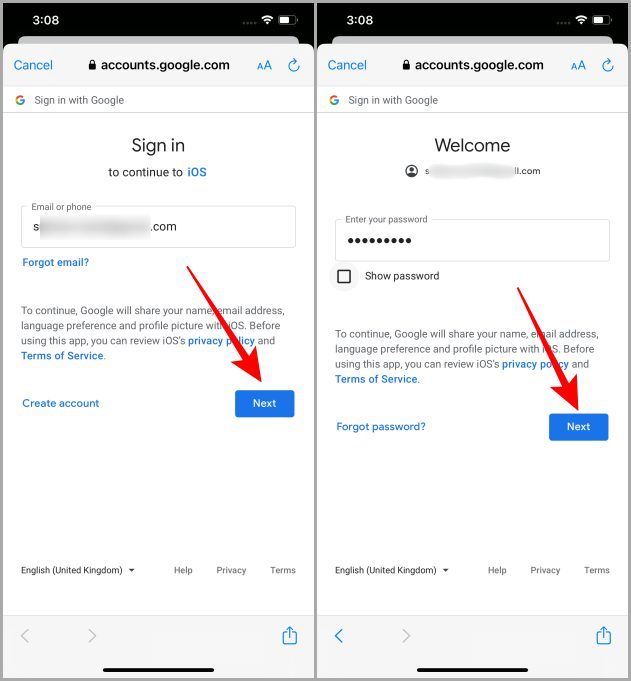 Ingresar a Google ID y contraseña en Configuración en iPhone