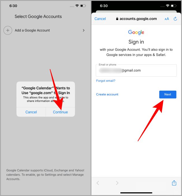 Firmar la cuenta de Google en la aplicación de calendario de Google en iPhone