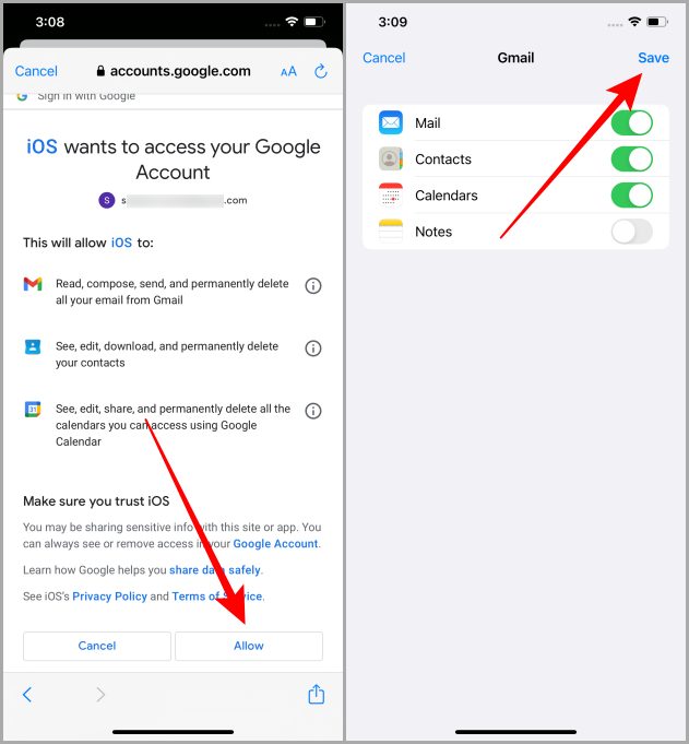 Dar permiso de iOS para el calendario de Google en la configuración en iPhone