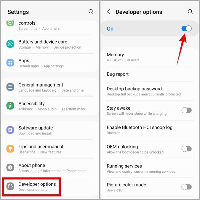 Deshabilitar las opciones de desarrollador en el teléfono Samsung Galaxy