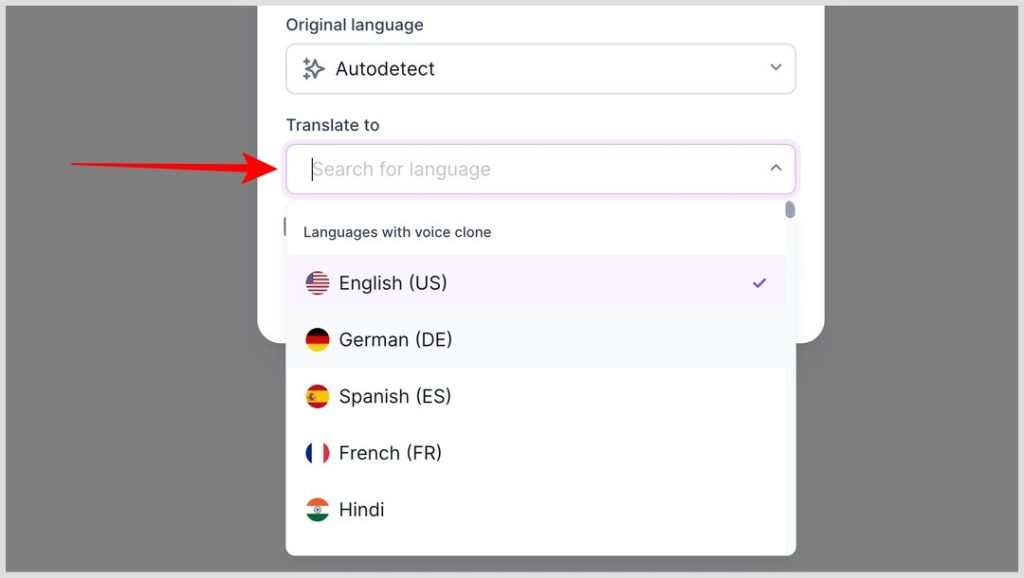 seleccionando el idioma para traducir en Rask