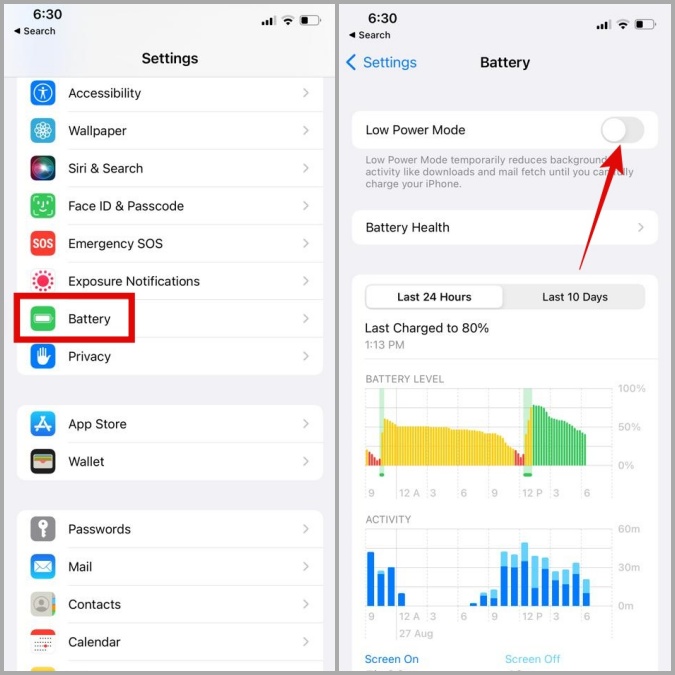 Deshabilitar el modo de baja potencia en el iPhone