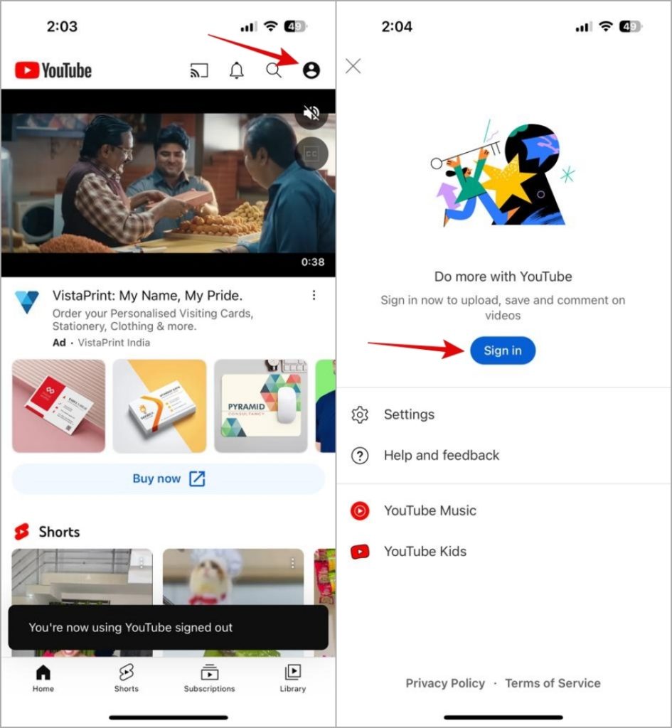 Inicie sesión en la aplicación de YouTube en iPhone