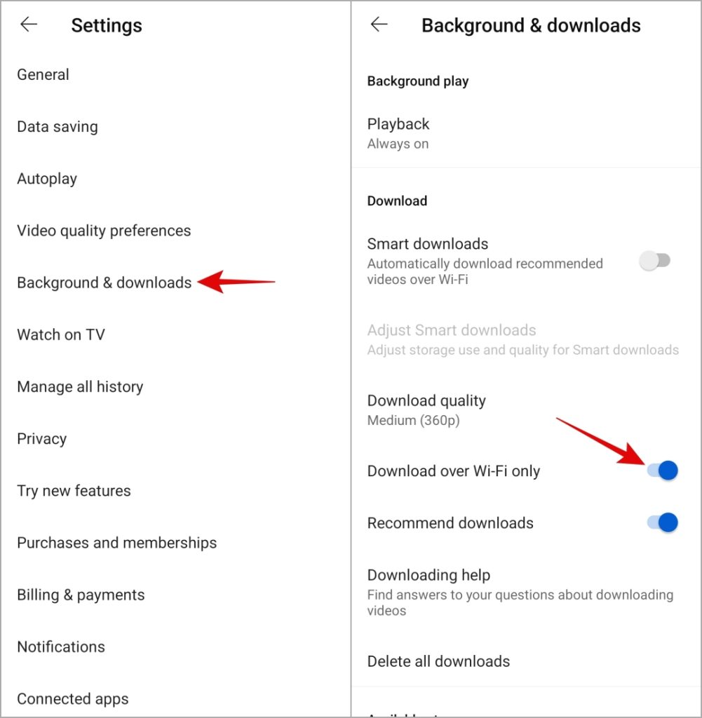 Desactivar Descargar a través de Wi-Fi solo en YouTube