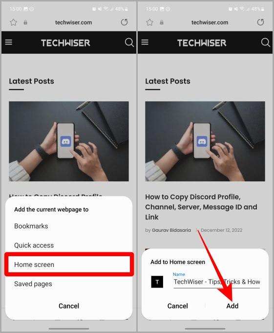 Agregar sitio web a la pantalla de inicio en el teléfono Samsung Galaxy