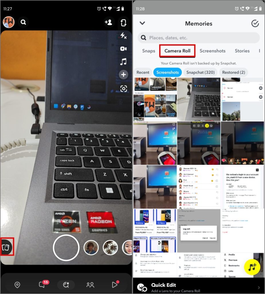 Acceso a la cámara Roll en Snapchat