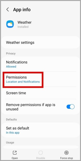 Permisos de la aplicación meteorológica en el teléfono Samsung Galaxy