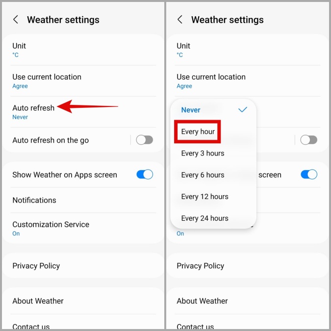 Configuración de actualización automática de la aplicación meteorológica en el teléfono Samsung Galaxy
