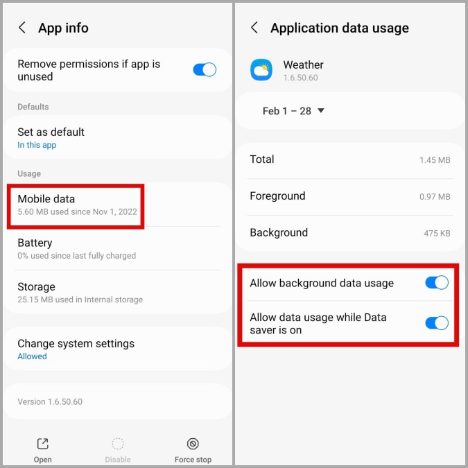 Permiso de datos de fondo para la aplicación meteorológica en el teléfono Samsung Galaxy