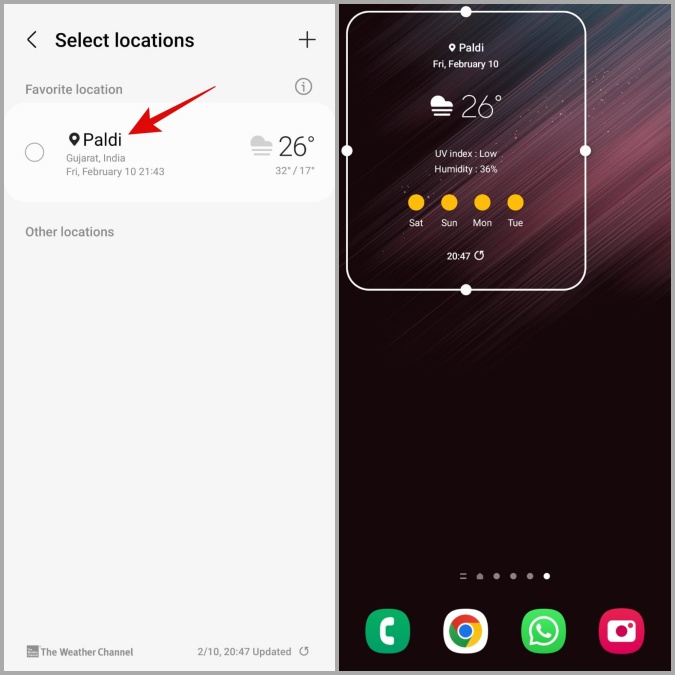 Agregar widget meteorológico en el teléfono Samsung Galaxy