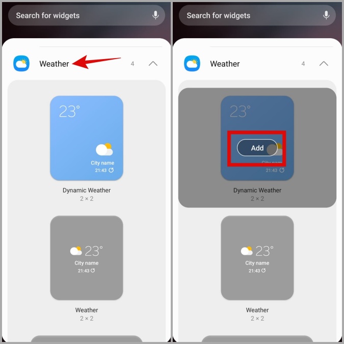Agregar widget meteorológico en el teléfono Samsung Galaxy