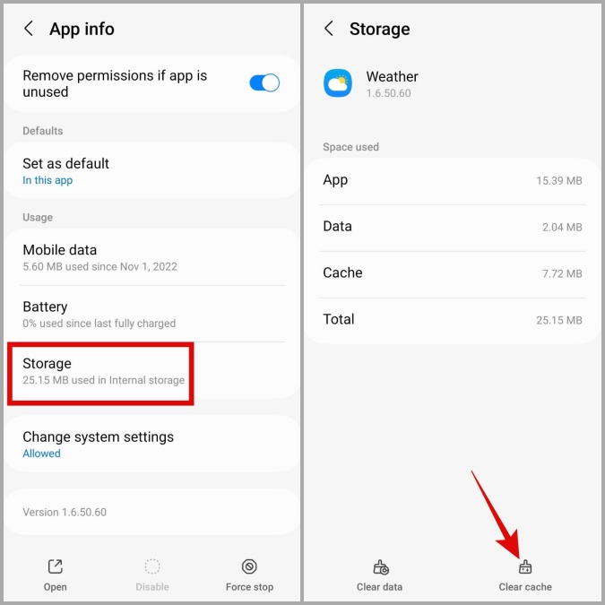 Cache de aplicaciones de clima transparente en el teléfono Samsung Galaxy