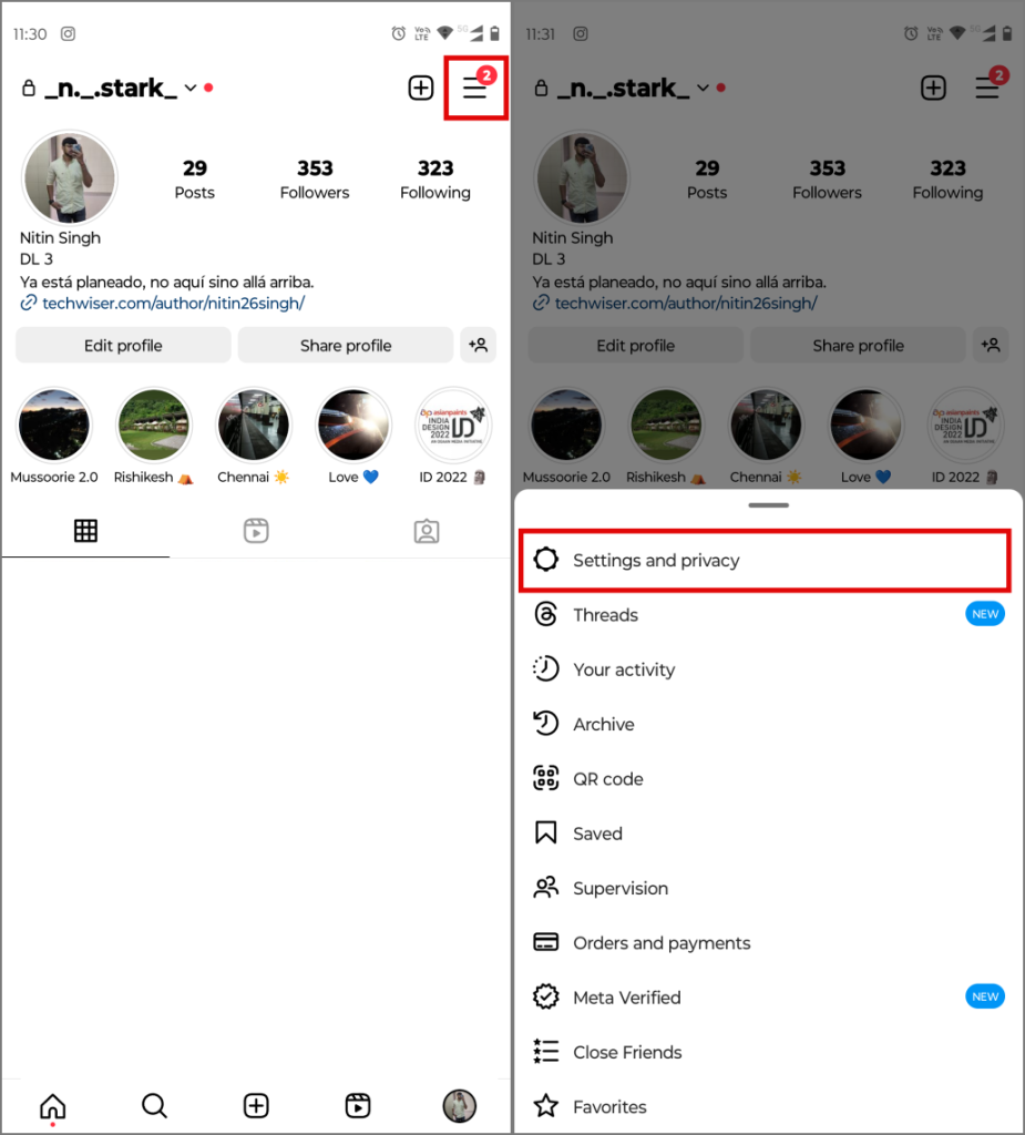 Página de perfil y configuración en Instagram en Android