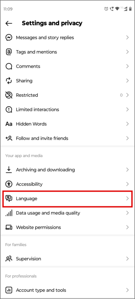 Opción de idioma en Instagram en Android