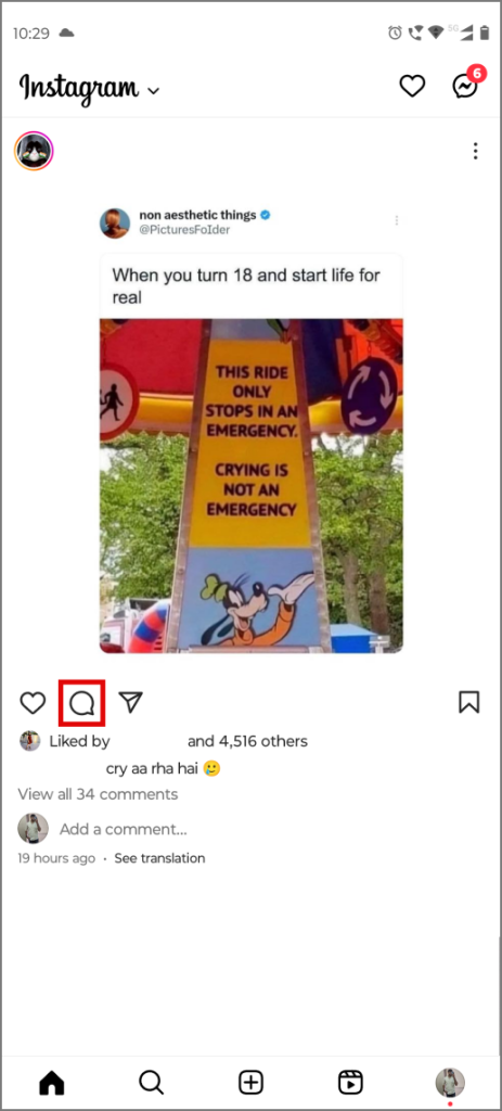 Icono de comentarios en la publicación de Instagram