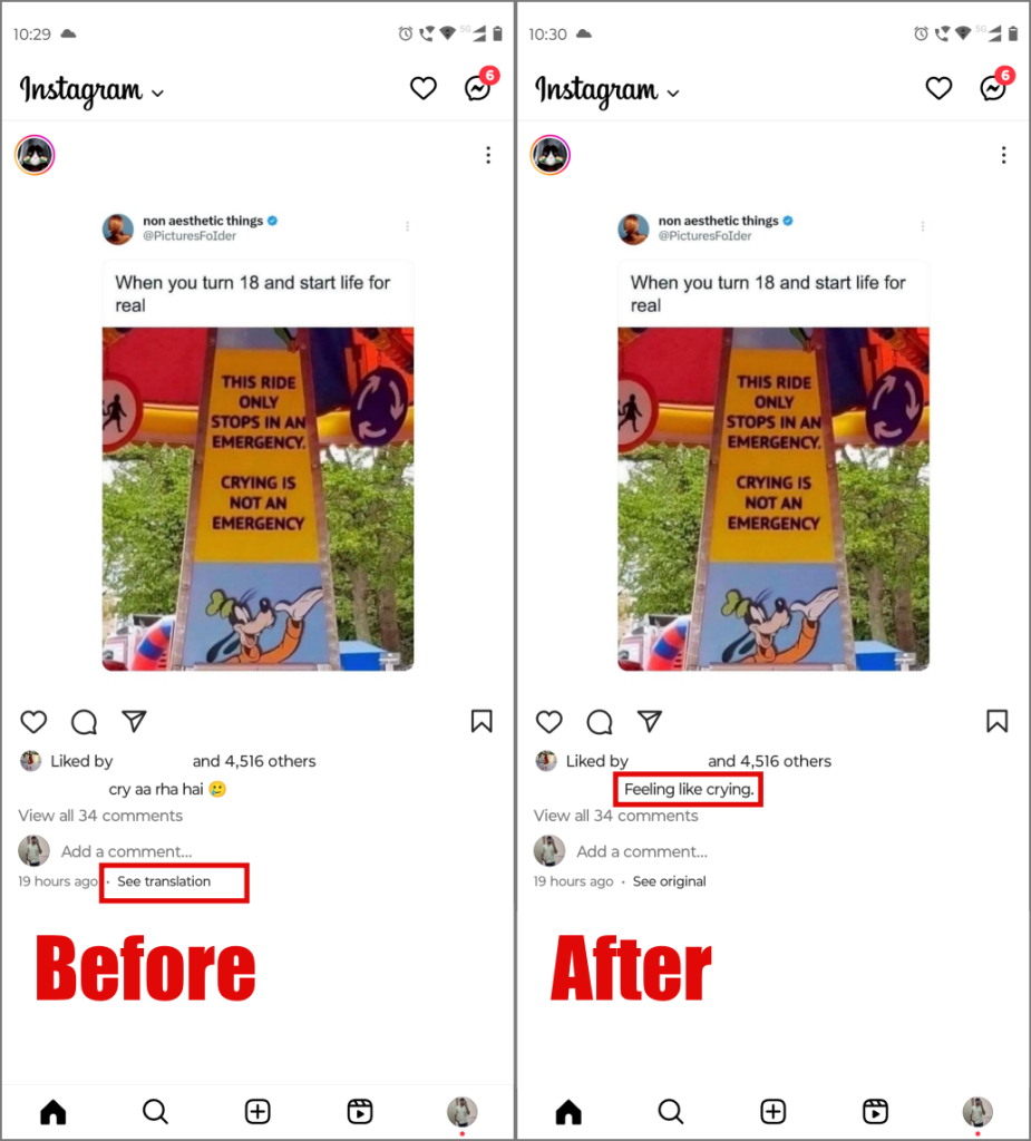 Traducción para subtítulos en la aplicación Instagram