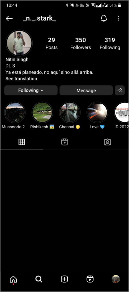 Página de perfil en la aplicación Instagram en Android