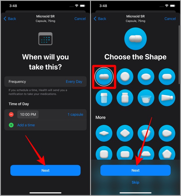 Elegir el tipo de medicamento en Apple Health