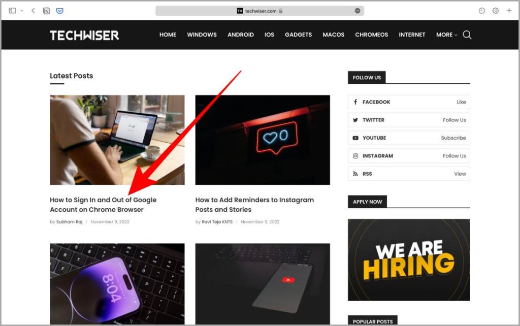 Sitio web abierto en Safari Mac