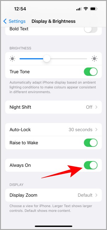 AOD en configuración de visualización y brillo iPhone