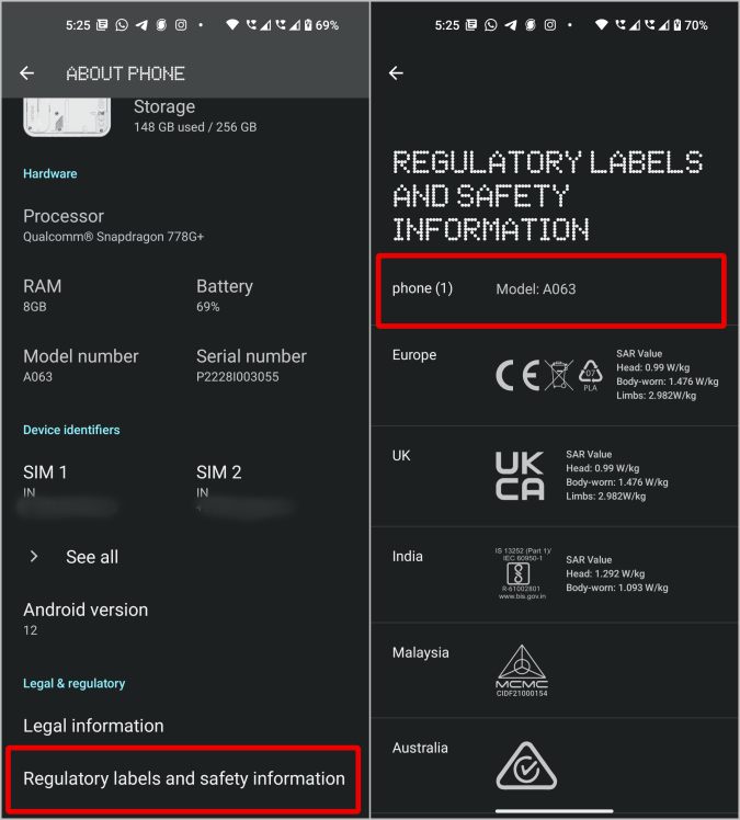 Número de modelo en etiquetas regulatorias en Android
