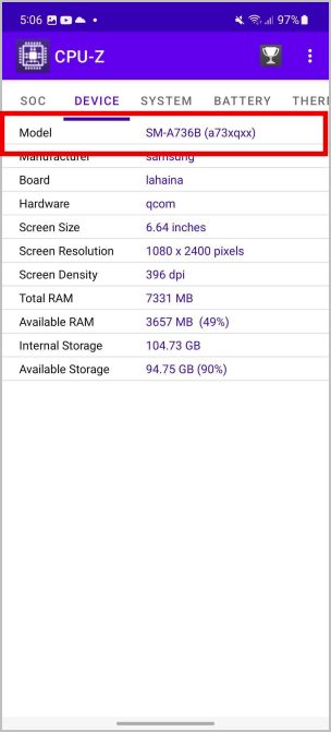 Número de modelo del teléfono Android en CPU Z