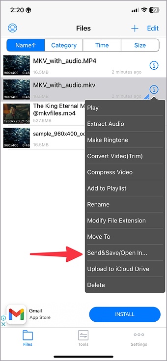 Enviar archivos MKV en las fotos