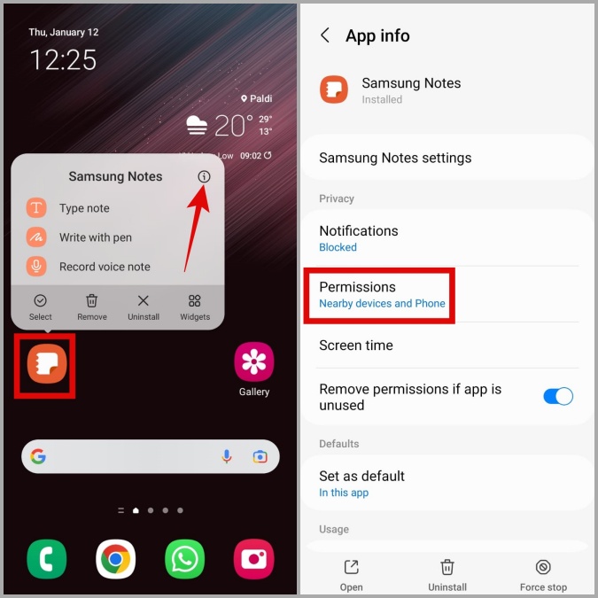 Permisos de la aplicación Samsung Notes en el teléfono Galaxy