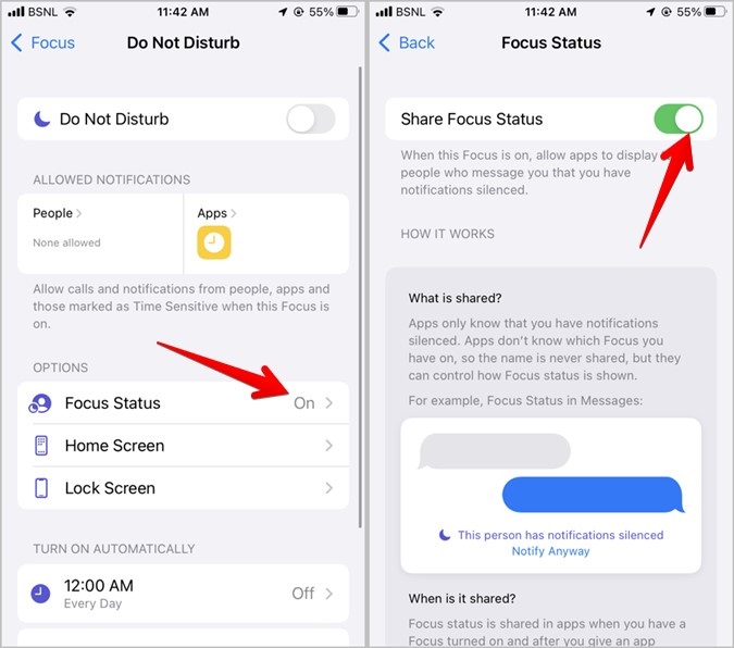 Habilitar el estado de enfoque de compartir en iOS 15