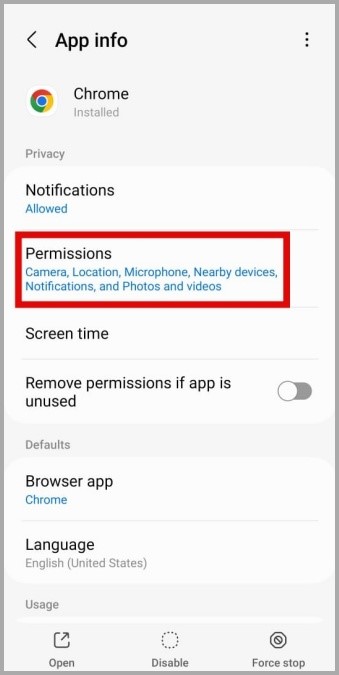 Permisos de la aplicación Google Chrome en Android