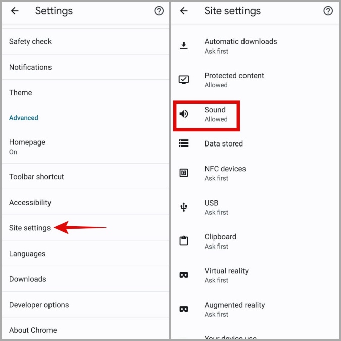 Permiso de sonido para sitios web en Chrome para Android