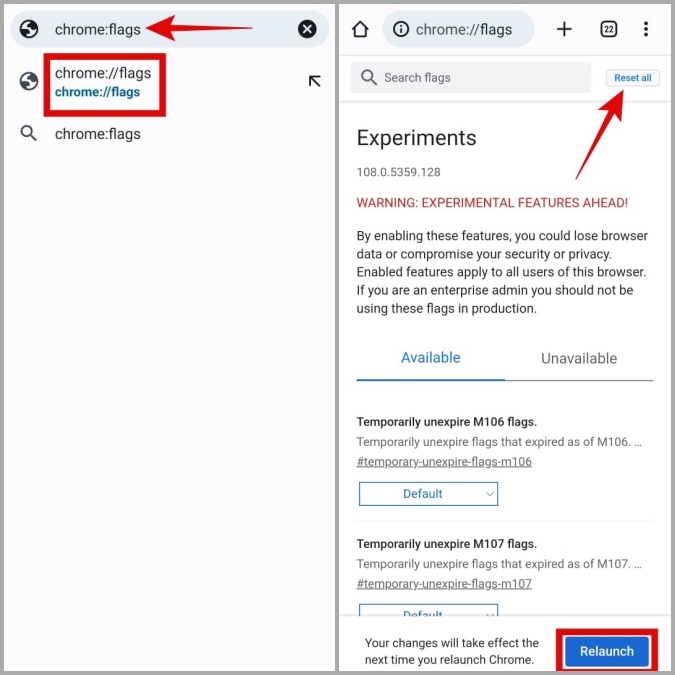 Restablecer banderas de Chrome en Android