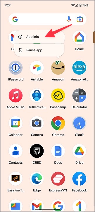 Abra el menú de información de la aplicación en Android