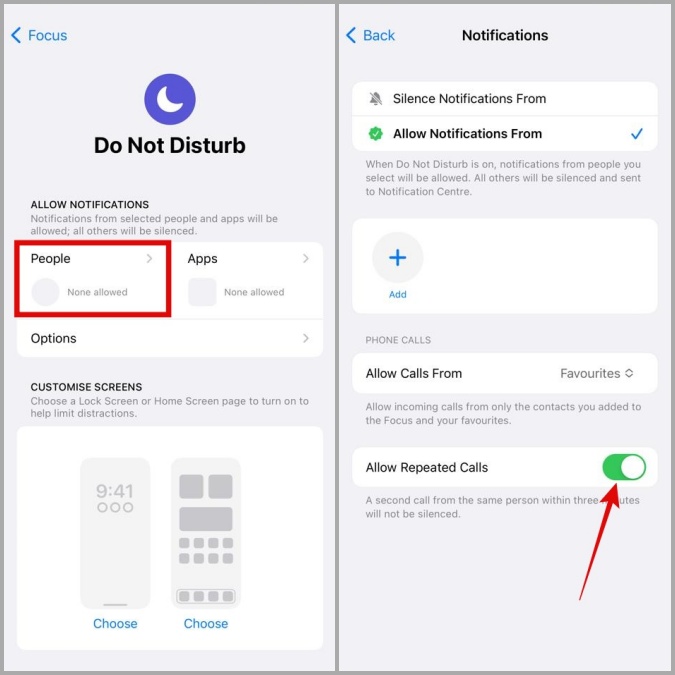 Deshabilite las personas que llaman repetidas durante DND en iPhone