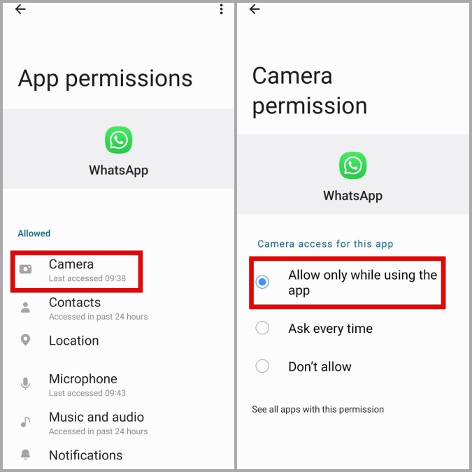 Permitir que WhatsApp use la cámara en el teléfono Android