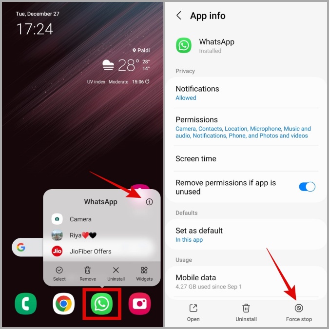 Force Stop WhatsApp en Android