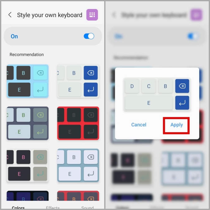 Tema de teclado Samsung personalizado en el teléfono Samsung Galaxy