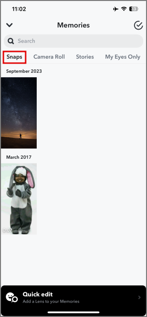 Snap inhicado y se movió a la sección Snaps en Snapchat