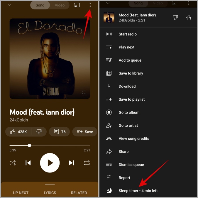 Modificar el temporizador de sueño en la aplicación móvil de YouTube Music