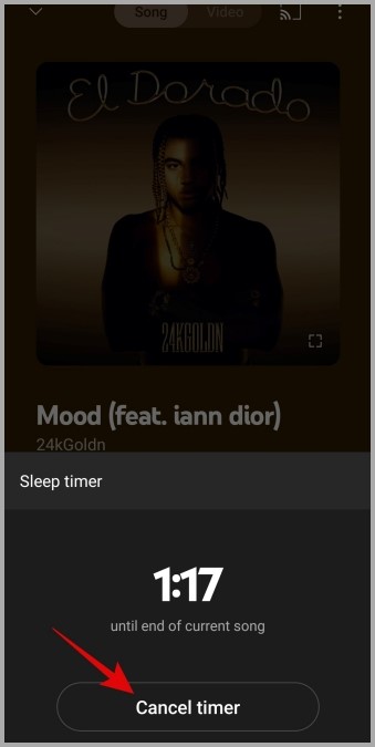 Cancelar el temporizador de sueño en la aplicación móvil de YouTube Music