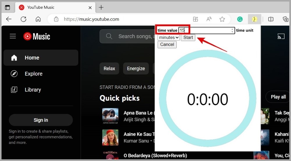 Configurar un temporizador de sueño en la música de YouTube para la web