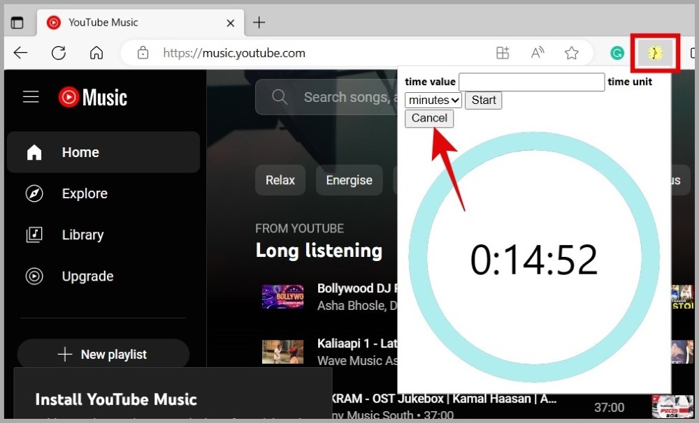 Cancelar el temporizador de sueño en la música de YouTube para la web