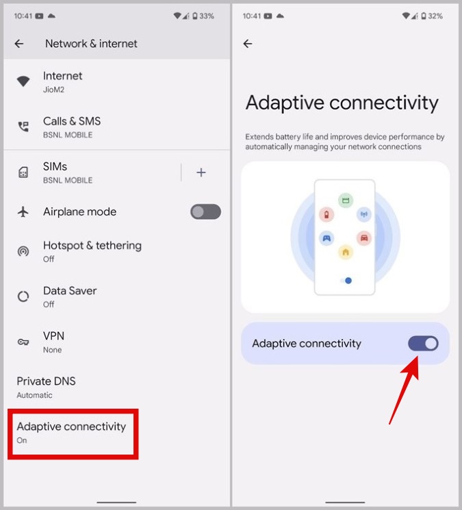 Deshabilitar la conectividad adaptativa en los teléfonos de píxeles