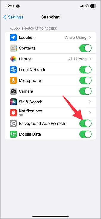 Habilitar la actualización de la aplicación de fondo para Snapchat en iPhone