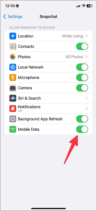 Habilitar datos móviles para Snapchat para iPhone