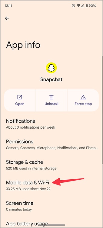 Datos móviles y Wi-Fi para Snapchat en Android