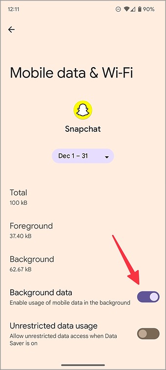 Habilite el uso de datos sin restricciones para Snapchat en Android